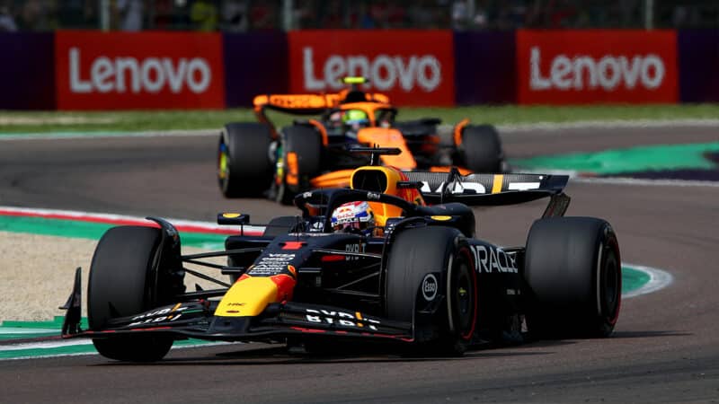 Max Verstappen ahead of Lando Norris in the 2024 Emilia Romagna Grand Prix at Imola